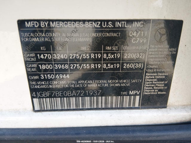 Продажа на аукционе авто 2011 Mercedes-benz Gl 450 4matic, vin: 4JGBF7BE0BA721937, номер лота: 46260665