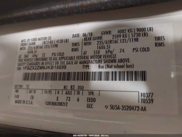Продажа на аукционе авто 2018 Ford Transit-350 Xl, vin: 1FBZX2ZM9JKB18899, номер лота: 46260709