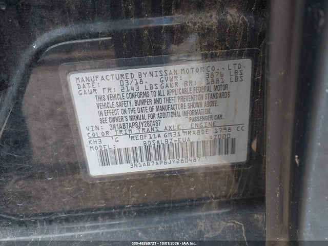 2018 Nissan Sentra S მანქანა იყიდება აუქციონზე, vin: 3N1AB7AP8JY280487, აუქციონის ნომერი: 46260721