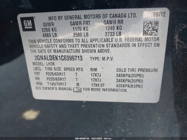 46260725 :رقم المزاد ، 2GNALDEK1C6399713 vin ، 2012 Chevrolet Equinox 1lt مزاد بيع