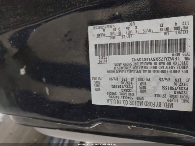 46260738 :رقم المزاد ، 1FMZU72X5YUB13943 vin ، 2000 Ford Explorer Xls مزاد بيع