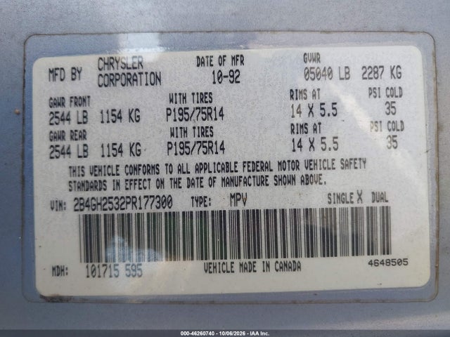 46260740 :رقم المزاد ، 2B4GH2532PR177300 vin ، 1993 Dodge Caravan مزاد بيع