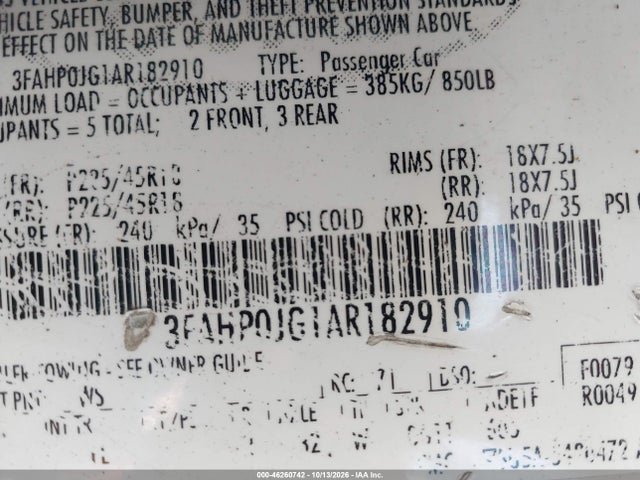 Продаж на аукціоні авто 2010 Ford Fusion Sel, vin: 3FAHP0JG1AR182910, номер лоту: 46260742