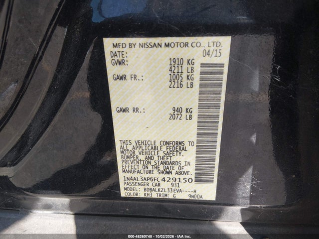 Продаж на аукціоні авто 2015 Nissan Altima 2.5 Sv, vin: 1N4AL3AP6FC429150, номер лоту: 46260748