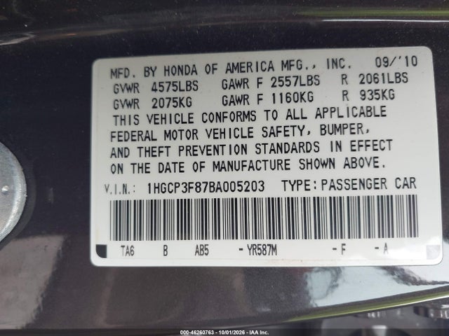 46260763 :رقم المزاد ، 1HGCP3F87BA005203 vin ، 2011 Honda Accord 3.5 Ex-l مزاد بيع