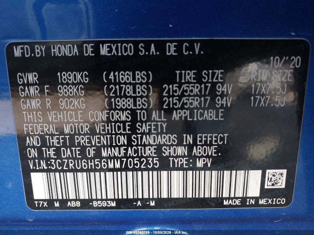 Aukcja sprzedaży 2021 Honda Hr-v Awd Ex, vin: 3CZRU6H56MM705235, numer aukcji: 46260769
