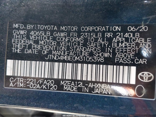 Aukcja sprzedaży 2021 Toyota Corolla Se, vin: JTND4MBE0M3105398, numer aukcji: 46260778