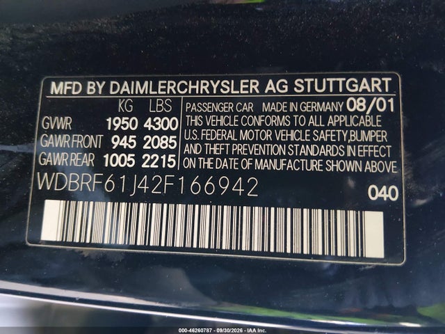 Aukcja sprzedaży 2002 Mercedes-benz C 240, vin: WDBRF61J42F166942, numer aukcji: 46260787