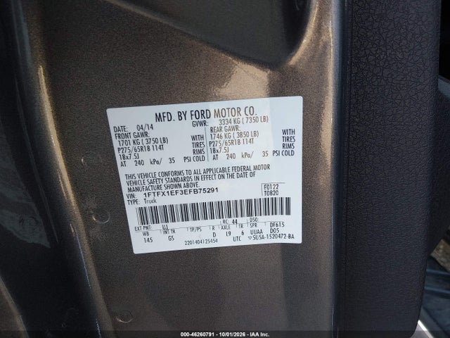 46260791 :رقم المزاد ، 1FTFX1EF3EFB75291 vin ، 2014 Ford F-150 Xlt مزاد بيع