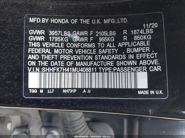 Aukcja sprzedaży 2021 Honda Civic Sport, vin: SHHFK7H41MU408811, numer aukcji: 46260798