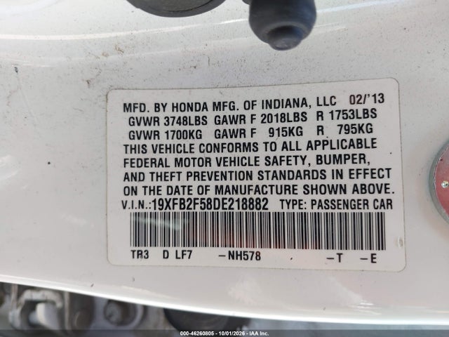 2013 Honda Civic Lx მანქანა იყიდება აუქციონზე, vin: 19XFB2F58DE218882, აუქციონის ნომერი: 46260805
