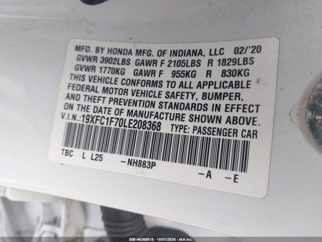 Продаж на аукціоні авто 2020 Honda Civic Ex-l, vin: 19XFC1F70LE208368, номер лоту: 46260815