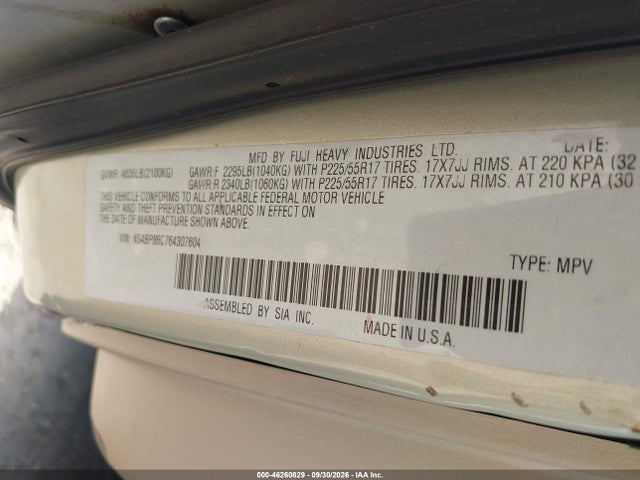 2006 Subaru Outback 3.0r L.l. Bean Edition მანქანა იყიდება აუქციონზე, vin: 4S4BP86C764307604, აუქციონის ნომერი: 46260829
