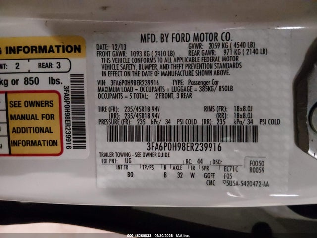 2014 Ford Fusion Se მანქანა იყიდება აუქციონზე, vin: 3FA6P0H98ER239916, აუქციონის ნომერი: 46260833