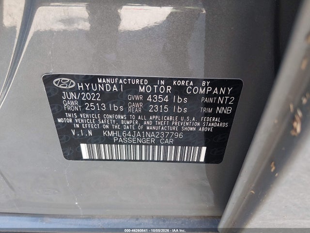Aukcja sprzedaży 2022 Hyundai Sonata Sel, vin: KMHL64JA1NA237796, numer aukcji: 46260841