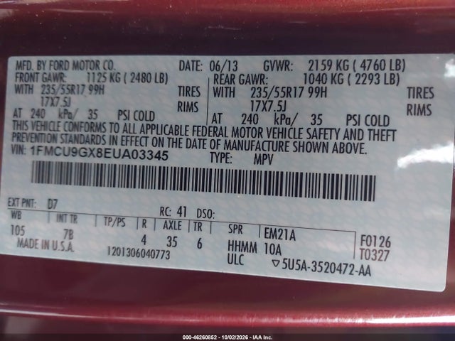 1FMCU9GX8EUA03345 Ford ESCAPE SE