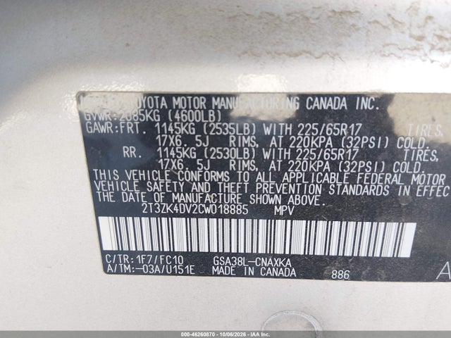 Aukcja sprzedaży 2012 Toyota Rav4 Base V6, vin: 2T3ZK4DV2CW018885, numer aukcji: 46260870
