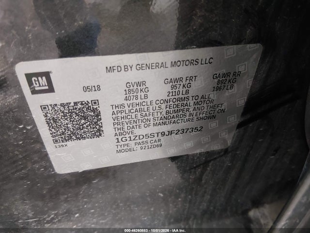 Продажа на аукционе авто 2018 Chevrolet Malibu Lt, vin: 1G1ZD5ST9JF237352, номер лота: 46260883
