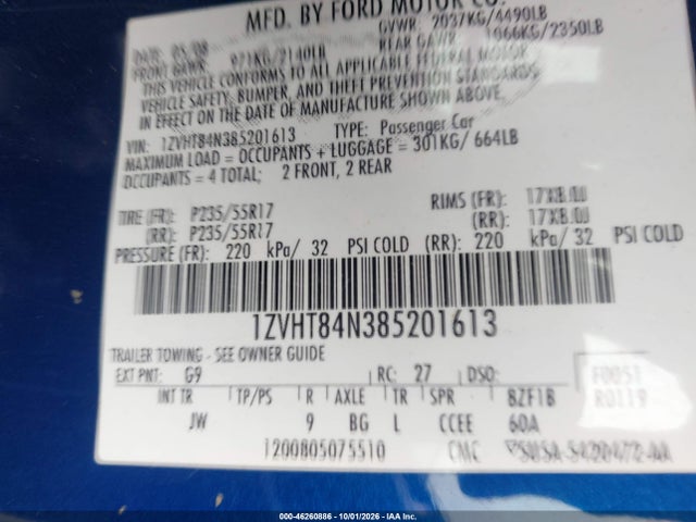 Auction sale of the 2008 Ford Mustang V6 Deluxe/v6 Premium, vin: 1ZVHT84N385201613, lot number: 46260886