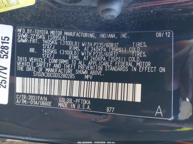 46260896 :رقم المزاد ، 5TDZK3DC0DS280285 vin ، 2013 Toyota Sienna L V6 7 Passenger مزاد بيع