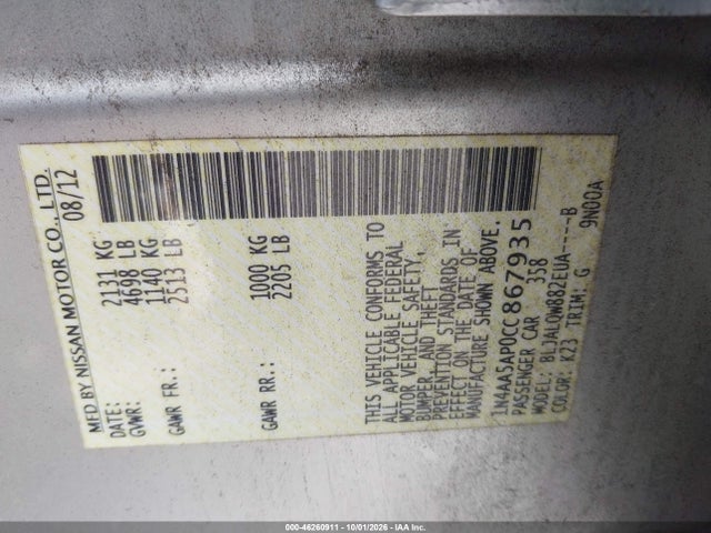 Aukcja sprzedaży 2012 Nissan Maxima 3.5 S, vin: 1N4AA5AP0CC867935, numer aukcji: 46260911