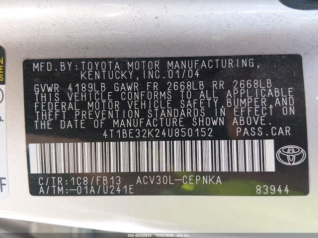 2004 Toyota Camry Le მანქანა იყიდება აუქციონზე, vin: 4T1BE32K24U850152, აუქციონის ნომერი: 46260944