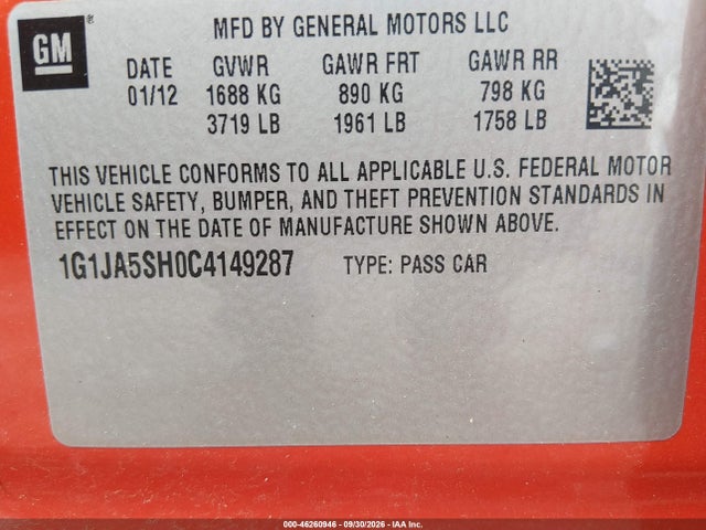 Продажа на аукционе авто 2012 Chevrolet Sonic 2ls, vin: 1G1JA5SH0C4149287, номер лота: 46260946