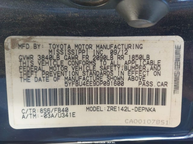 46260953 :رقم المزاد ، 5YFBU4EE9DP091600 vin ، 2013 Toyota Corolla Le مزاد بيع