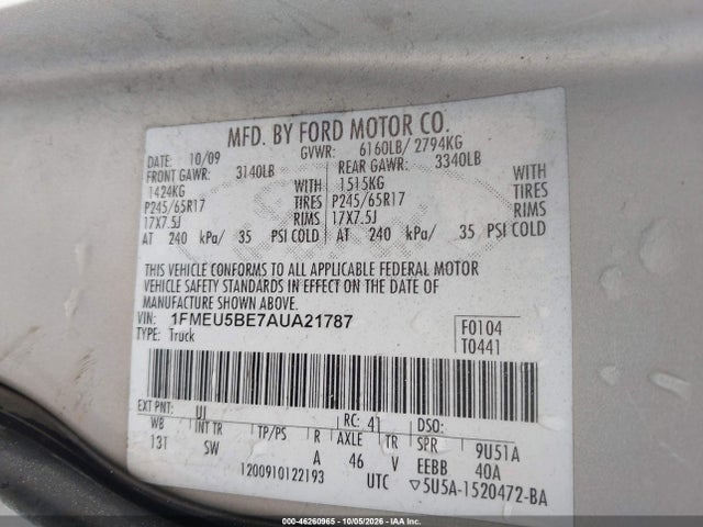 Aukcja sprzedaży 2010 Ford Explorer Sport Trac Xlt, vin: 1FMEU5BE7AUA21787, numer aukcji: 46260965