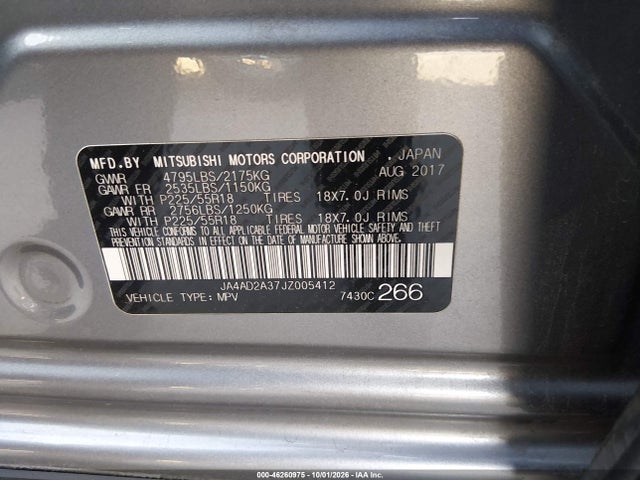 Aukcja sprzedaży 2018 Mitsubishi Outlander Es, vin: JA4AD2A37JZ005412, numer aukcji: 46260975