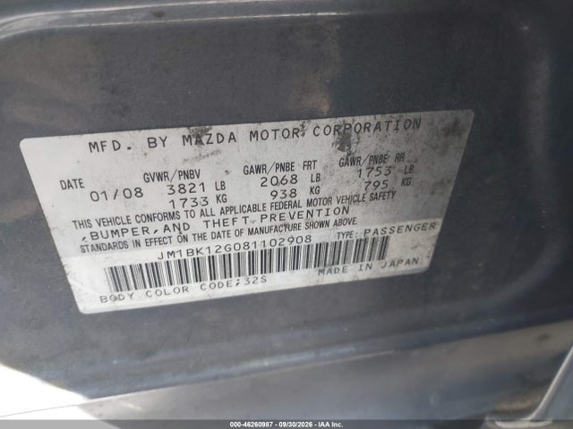 Aukcja sprzedaży 2008 Mazda Mazda3 I Sport, vin: JM1BK12G081102908, numer aukcji: 46260987