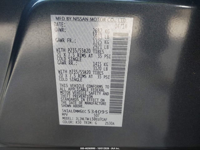 46260990 :رقم المزاد ، 5N1AL0MM6EC534095 vin ، 2014 Infiniti Qx60 مزاد بيع