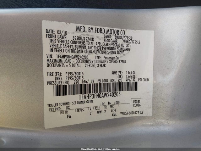Продаж на аукціоні авто 2010 Ford Focus Se, vin: 1FAHP3FN0AW240205, номер лоту: 46260996