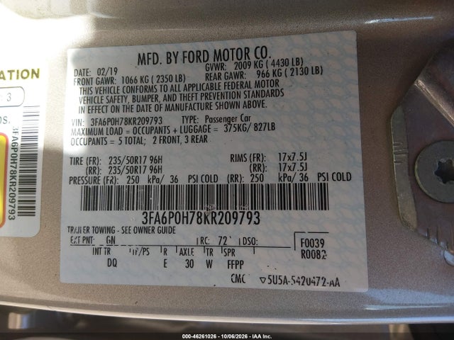 Продажа на аукционе авто 2019 Ford Fusion Se, vin: 3FA6P0H78KR209793, номер лота: 46261026