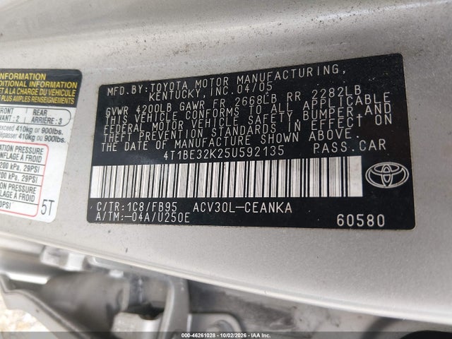 2005 Toyota Camry Std მანქანა იყიდება აუქციონზე, vin: 4T1BE32K25U592135, აუქციონის ნომერი: 46261028