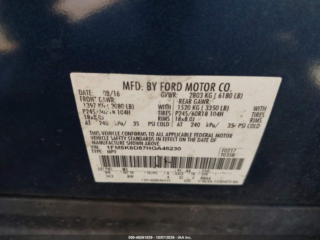 2017 Ford Explorer Xlt მანქანა იყიდება აუქციონზე, vin: 1FM5K8D87HGA46230, აუქციონის ნომერი: 46261029