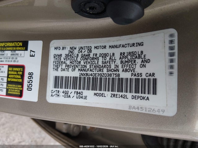 Aukcja sprzedaży 2009 Toyota Corolla Le, vin: 1NXBU40E39Z038758, numer aukcji: 46261032