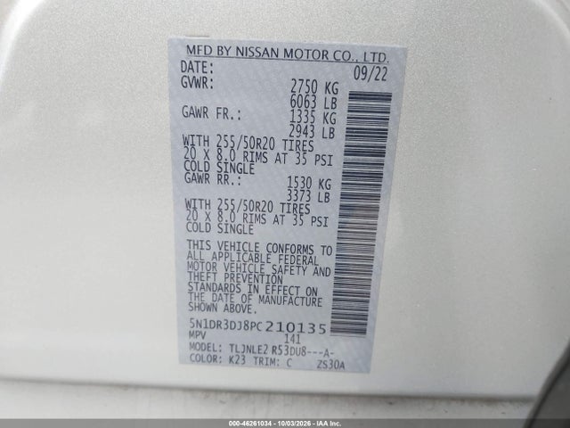 46261034 :رقم المزاد ، 5N1DR3DJ8PC210135 vin ، 2023 Nissan Pathfinder Platinum 4wd مزاد بيع