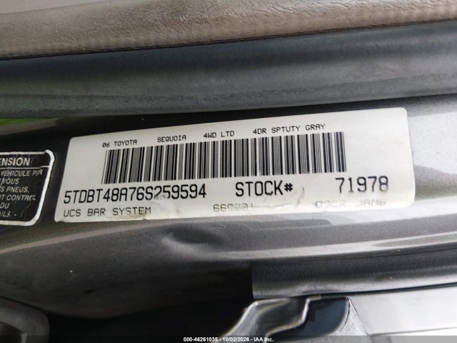 Aukcja sprzedaży 2006 Toyota Sequoia Limited V8, vin: 5TDBT48A76S259594, numer aukcji: 46261035