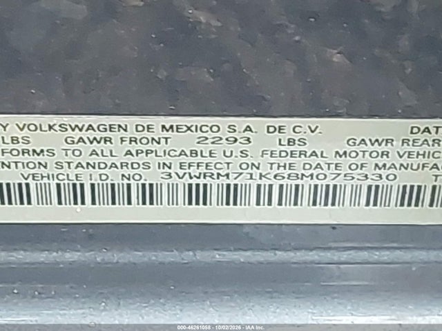 46261058 :رقم المزاد ، 3VWRM71K68M075330 vin ، 2008 Volkswagen Jetta Se/sel مزاد بيع