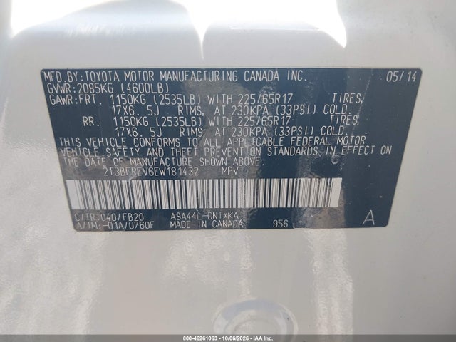 Aukcja sprzedaży 2014 Toyota Rav4 Le, vin: 2T3BFREV6EW181432, numer aukcji: 46261063