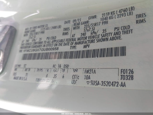 Aukcja sprzedaży 2016 Ford Escape Se, vin: 1FMCU9GX7GUB00958, numer aukcji: 46261066