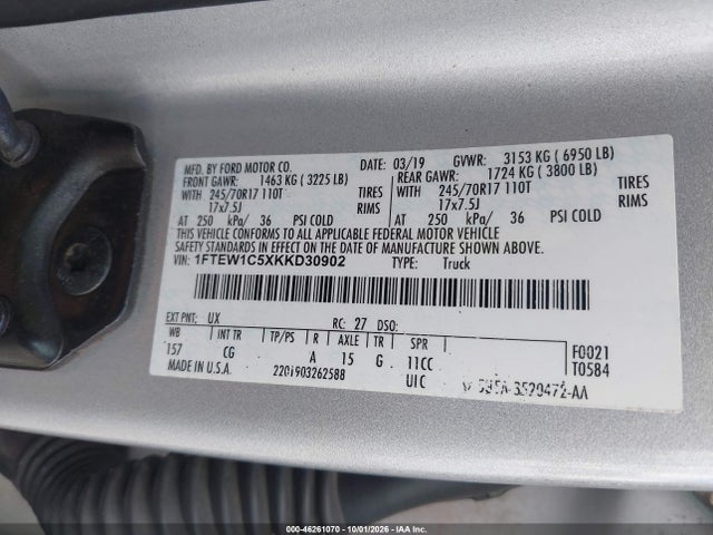 Продаж на аукціоні авто 2019 Ford F-150 Xl, vin: 1FTEW1C5XKKD30902, номер лоту: 46261070