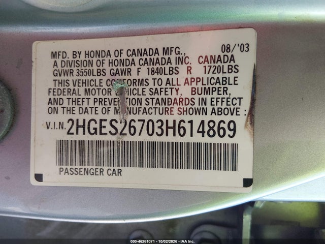 46261071 :رقم المزاد ، 2HGES26703H614869 vin ، 2003 Honda Civic Ex مزاد بيع