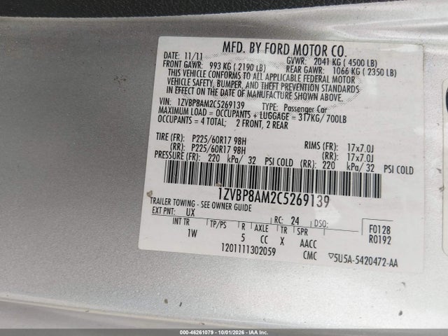 Aukcja sprzedaży 2012 Ford Mustang V6, vin: 1ZVBP8AM2C5269139, numer aukcji: 46261079