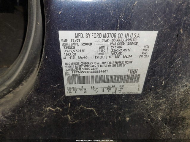 Aukcja sprzedaży 2003 Ford F-250 Lariat/xl/xlt, vin: 1FTNW21P63EB59401, numer aukcji: 46261080