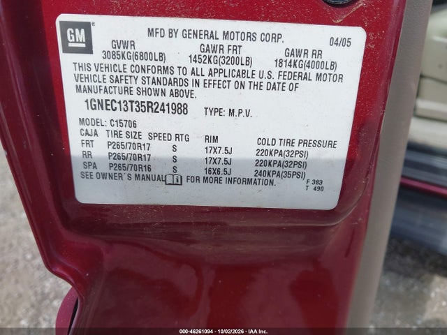 Продажа на аукционе авто 2005 Chevrolet Tahoe Lt, vin: 1GNEC13T35R241988, номер лота: 46261094