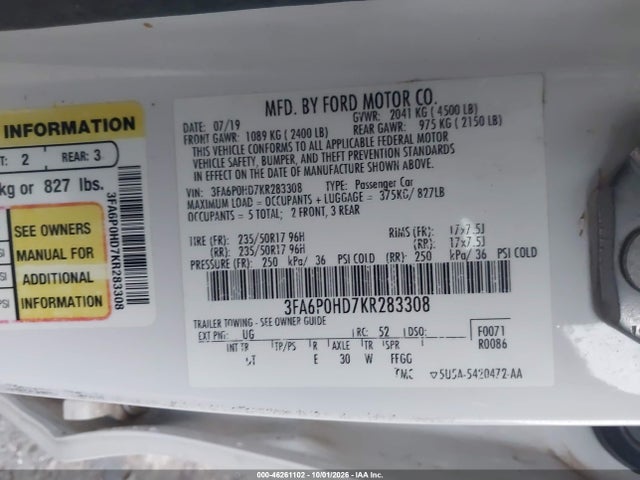 2019 Ford Fusion Se მანქანა იყიდება აუქციონზე, vin: 3FA6P0HD7KR283308, აუქციონის ნომერი: 46261102