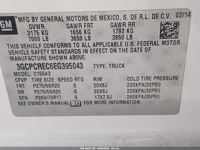 Продаж на аукціоні авто 2014 Chevrolet Silverado 1500 1lt, vin: 3GCPCREC6EG395043, номер лоту: 46261108
