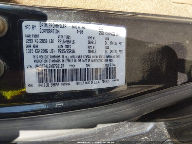 Продаж на аукціоні авто 2000 Dodge Grand Caravan Es, vin: 1B4GT74L9YB728187, номер лоту: 46261117